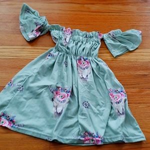 Kids Olive Green Off-Shoulder Sleeved Dress